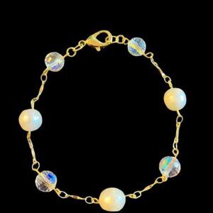 Handcrafted Glass and Genuine Baroque Pearl Bracelet with Gold-Tone Chain 8" NEW